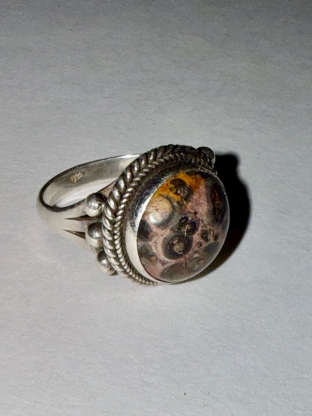 Vintage 925 Sterling Leopardskin Jasper Ring Double Rope Sz 9 Artisan Statement
